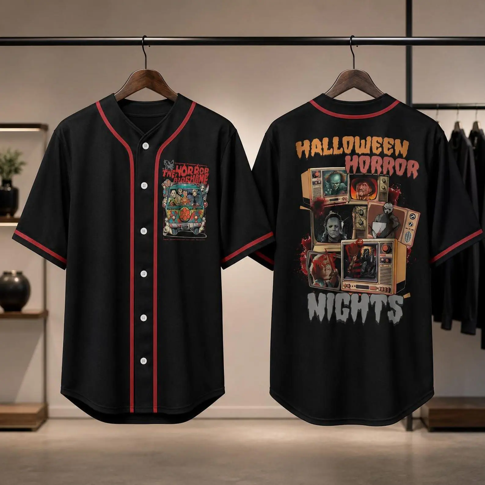 Halloween Horror Movie Baseball Jersey, Retro Scary Film Shirt, Spooky Season Button Up, Horror Fan Gift, Halloween Party Outfit
