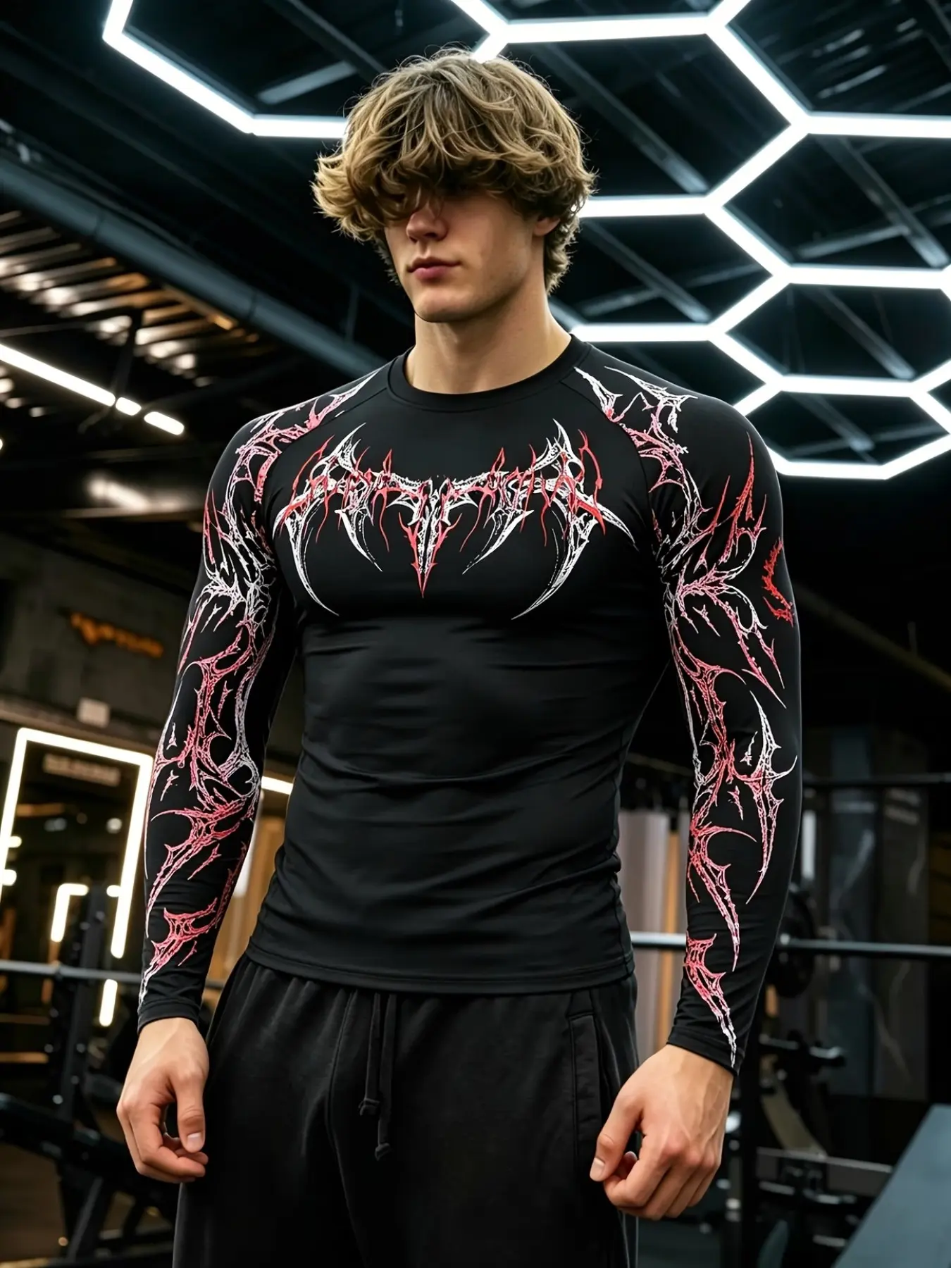 Men's European Style Fitness Clothing Long Sleeve Crewneck Workout Tops, Dark Thorn Print Slim Fit, High Elasticity Quick-Dry Breathable Fabric, Ideal for Gym Training, All Seasons Activewear