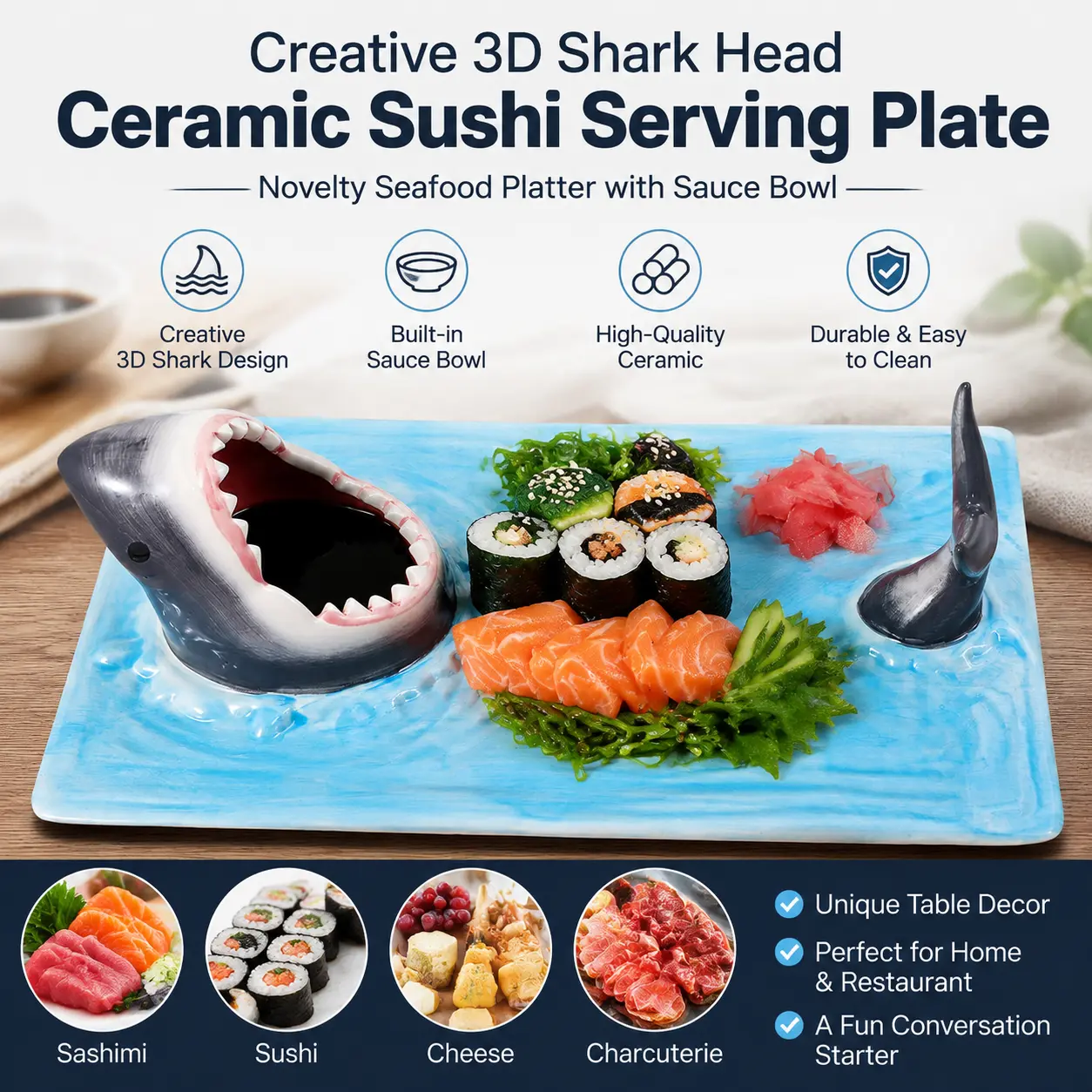 Creative 3d Shark Head Ceramic Sushi Serving Plate, Rectangle Novelty Seafood Platter With Sauce Bowl,unique Restaurant Home Dinner Table Decor Tray For Sashimi,sushi, Cheese,charcuterie