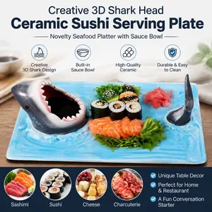Creative 3d Shark Head Ceramic Sushi Serving Plate, Rectangle Novelty Seafood Platter With Sauce Bowl,unique Restaurant Home Dinner Table Decor Tray For Sashimi,sushi, Cheese,charcuterie