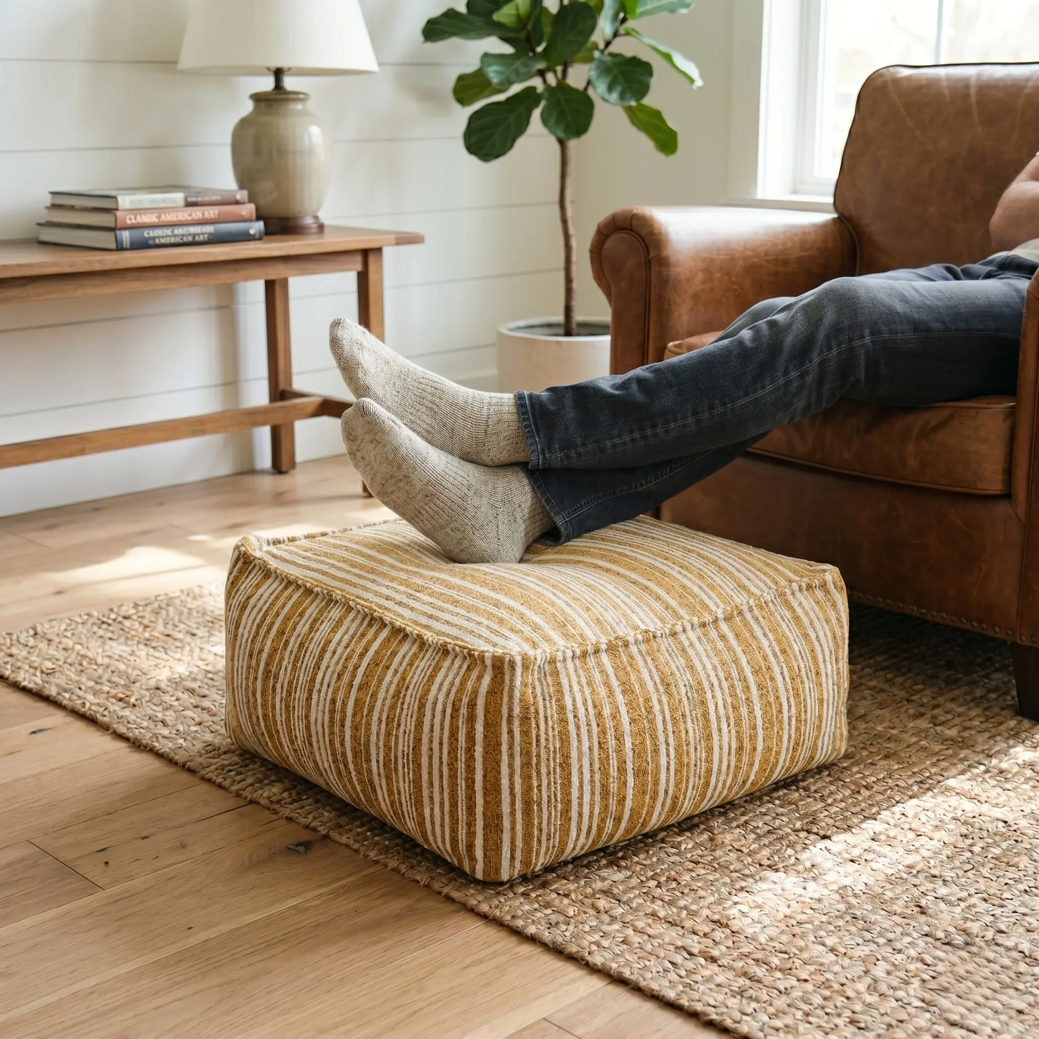 Square Unstuffed Storage Ottoman Cover, Heavyweight Fabric Pouf Cover with Large Bottom Zipper, Modern Minimalist Floor Cushion Footrest Shell (Cover Only)