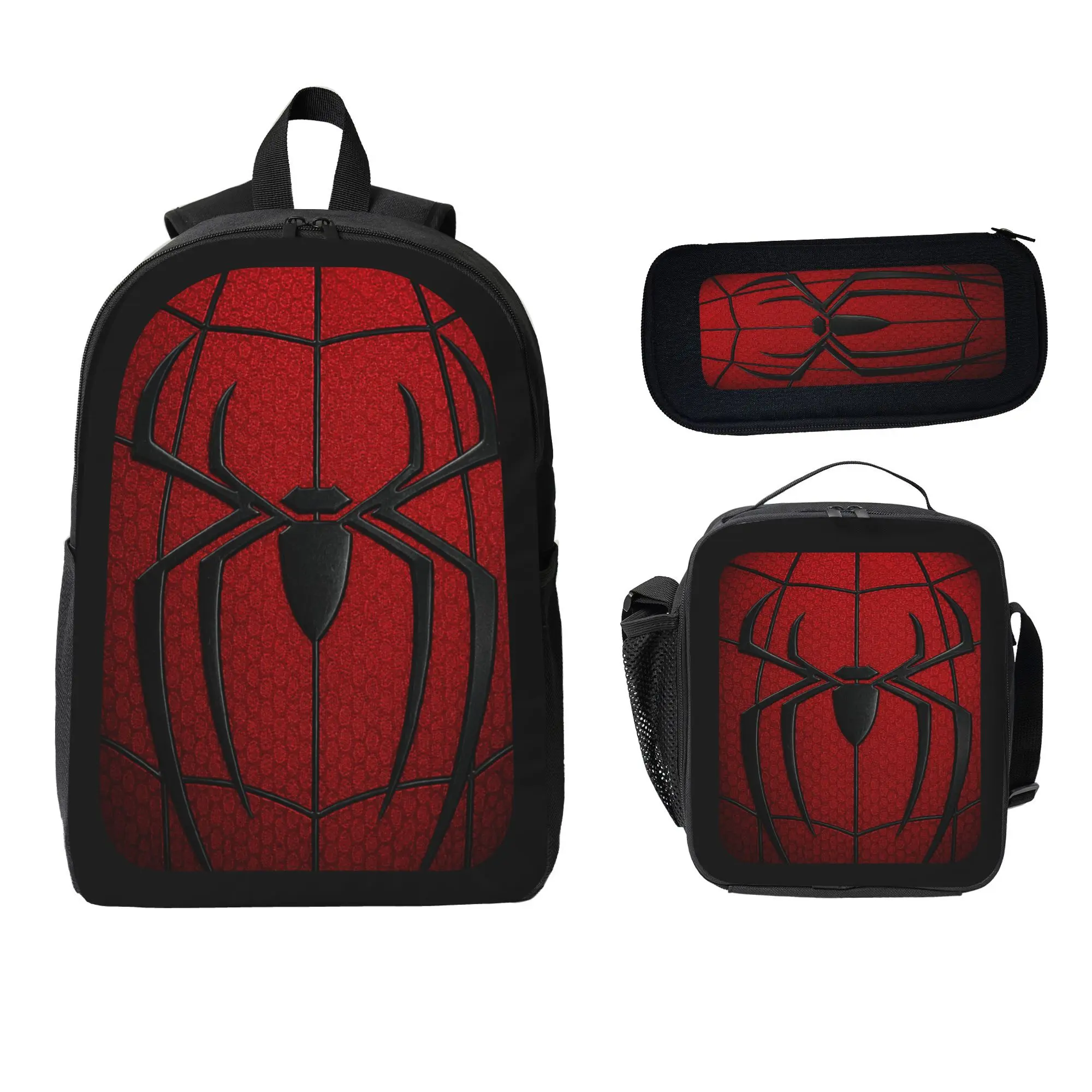 3PCS Spider Graphic Backpack Set with Lunch Bag & Pencil Case, Red Black Web Pattern Design Casual Travel Bag