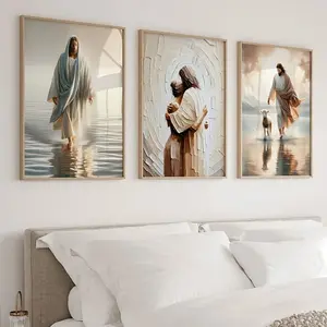 3pcs/set Frameless Religious Art Jesus Walking on Water Poster Painting Printing, Jesus and Sheep Wall Art Gifts, Jesus and Woman Bedroom Decoration