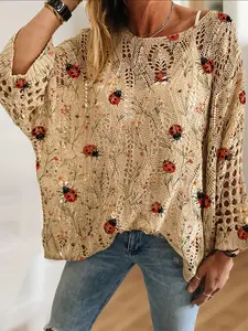 Women's Casual Loose Fit Long Sleeve Knit Top, Elegant Batwing Shoulder Design, Breathable Summer Fall Fashion, Perfect for Travel, Knitwear