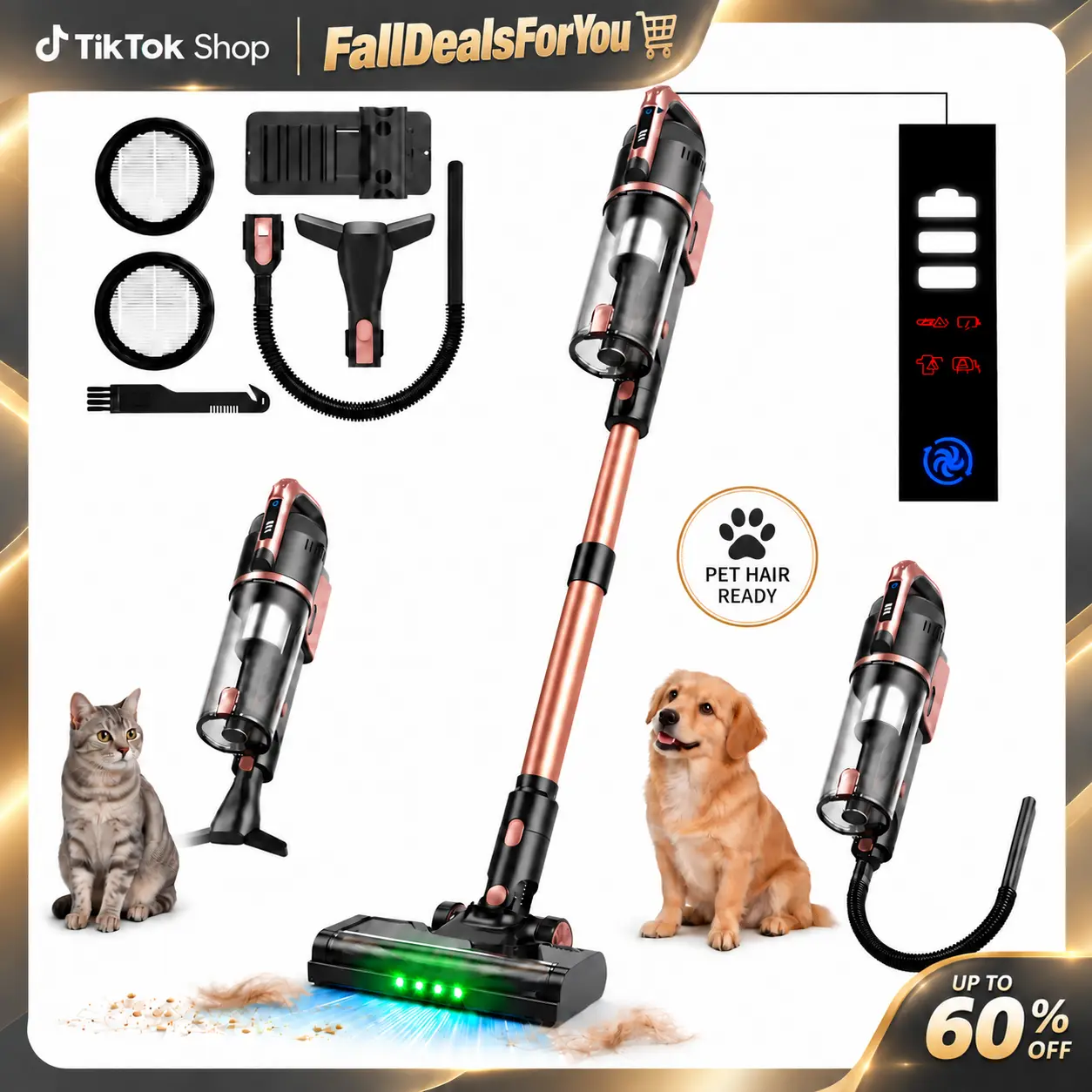 2026 Newly Upgraded V15 Cordless Portable Vacuum Cleaner for Pet Hair, 26Kpa Suction , Up to 50 Min Runtime, Self-Standing and Handheld Lightweight Vacuum with Anti-Tangle Brush, Removable Battery & LED Display for Carpet and Hard Floors