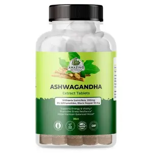 Amazing Botanicals Organic Ashwagandha Root Extract Healthcare Dietary Supplement Tablets - 30 Count, 30:1 High Potency 200mg, 10mg Organic Black Pepper for Enhanced Absorption, Vegan, Non-GMO, Gluten-Free, Natural