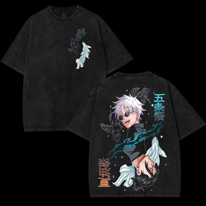 Men's Cotton Distressed Vintage Washed Graphic T-Shirt - Jujutsu Kaisen 90s Grunge Otaku Style Streetwear Top with Gojo & Geto Print, Festive, Round Neck, Tshirts, Shortsleeve, Grunge Aesthetic, Graphic Print, Distressed Wash