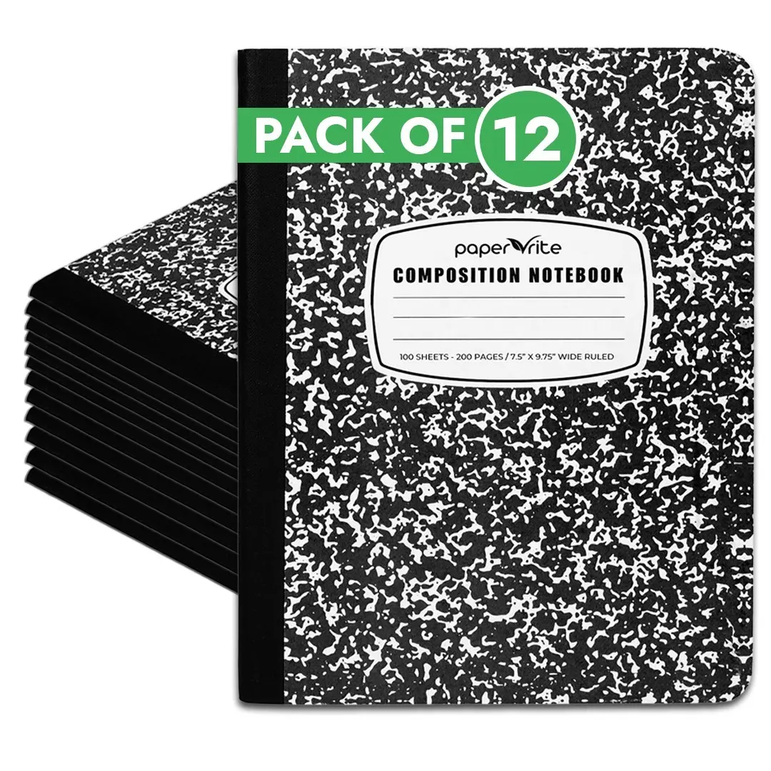 Paper Rite Wide Ruled Composition Notebook Black Marble | 100 Sheets | 9.75 x 7.5 Inches | Durable Sewn Binding for School & Office Use Pack of 12