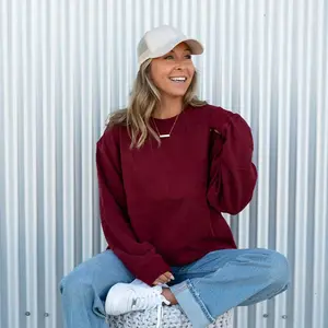 MAMA Drop Shoulder Crew - CRANBERRY Monochromatic Sweatshirt Buttery Soft 96% Cotton 4% Spandex Light-Medium Weight Brushed Fleece Lining Slightly Oversized Fit Long Sleeve, Pullover, Womenswear, Embroidered, Tops