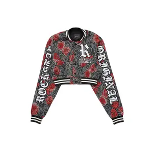 Darresha Black/Red Crop Tapestry Varsity Jacket
