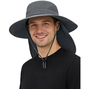 UPF 50+ Wide Brim Sun Hat with Neck Flap, Laser Cut Mesh Fishing Hat, Water-Resistant Bucket Hat for Men Women Outdoor