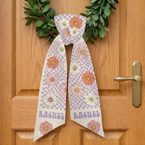 Personalized Floral Wreath Sash Door, Retro Daisy Wreath Sash, Custom Name Front Door Wreath Bow, Spring Flower Door Decor