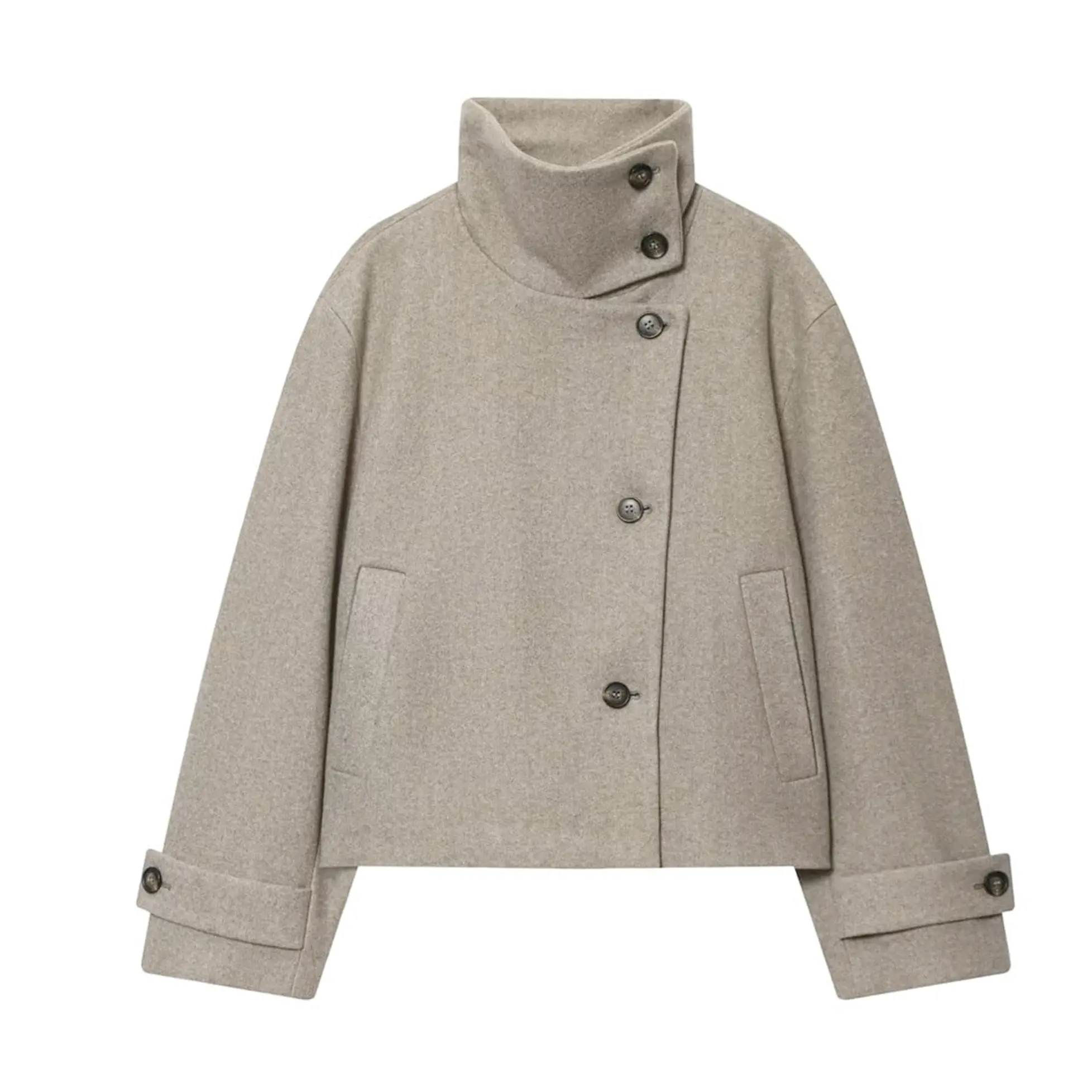 Songling Women's Bestseller French-Style Minimalist Long Sleeve Stand Collar Jacket - Basic Casual, Fitted, Wool-Like, Button-Up with Functional Pocket, Cropped Premium Fabric, Soft, Chic, Elevated Style Tops & Coats, Jackets