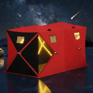 Garvee Pop Up Ice Fishing Tent Insulated Ice Fishing Shelter with 49Ft LED Light Strip,3-Layer Insulated Shelter for 3-8 Person, Portable Waterproof Oxford Ice Shanty with 2 Doors/Anchors/Ropes/Carrying Bag