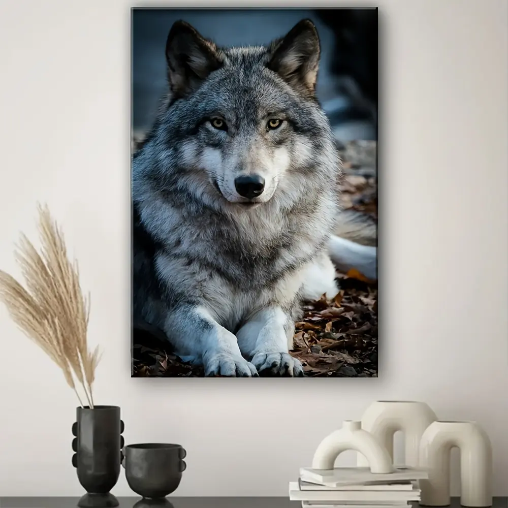 Pine Wood Framed Realistic Black and White Real Wolf Print Wall Art - Animal Design, Modern Living Room Decor, Office Wall Decor, Ideal Holiday Gift, Home Supplies Poster