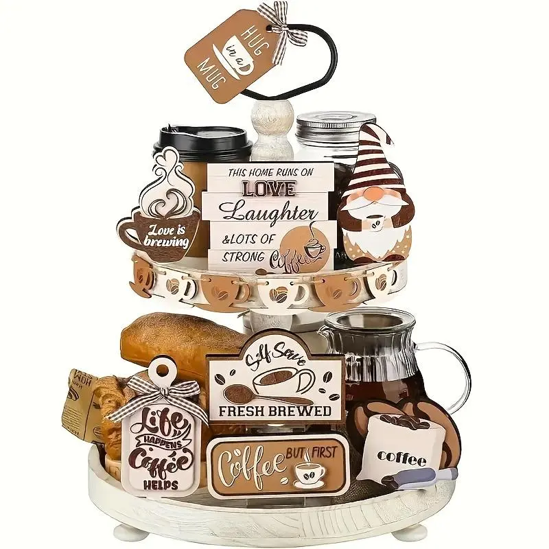 Coffee Themed Tiered Tray Decoration without Tray, 14pcs/set Coffee Sign & Coffee Cup & Other Coffee Decorations, Desktop Decoration for Home Office School, Ornaments