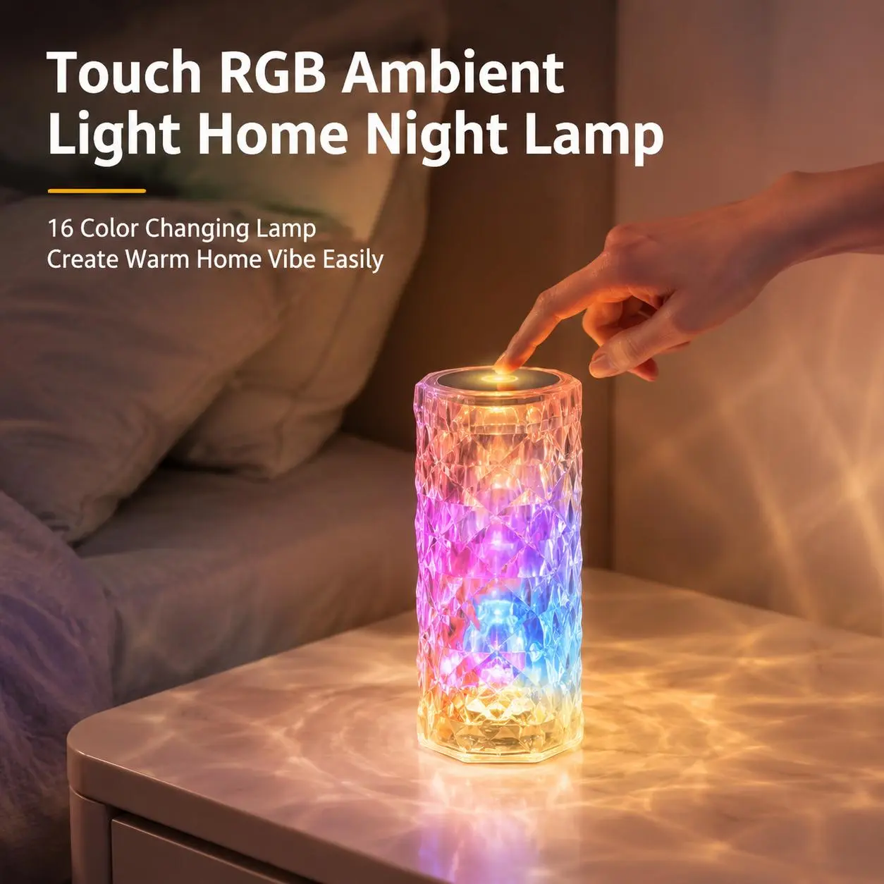 Crystal Glow RGB Touch Control Nightstand Lamp, Indoor Vanity Lighting Fixture for Home Improvement