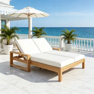 Summervibes Outdoor Double Lounge Chair with 5-Position Adjustable Backrest Solid Wood Frame UV-Resistant Cushions for Patio Poolside Garden Light Teak Beige
