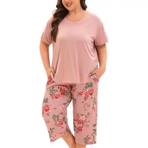 Plus Size Pajamas for Women Set, Womens Plus Size Short Sleeve V Neck Capri Pants Pajama Sets with Pockets