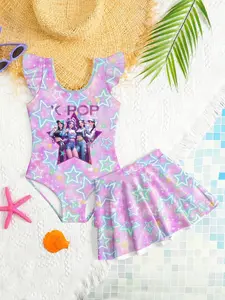 Girls' Sleeveless One-Piece Swimsuit Set with Short Skirt, K-Pop Gradient Star Glitter Print, Soft Comfortable Fabric, Beach Vacation Wear