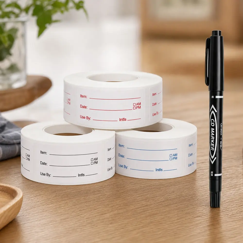 3 Rolls Food Labels & 1 Pen, 1” x 2” Labels for Food Containers, Self-Adhesive Removable Freezer Labels for Dining Rooms, Kitchen Storage, Schools, Offices, Storage Rooms (Total of 1500 Pieces)