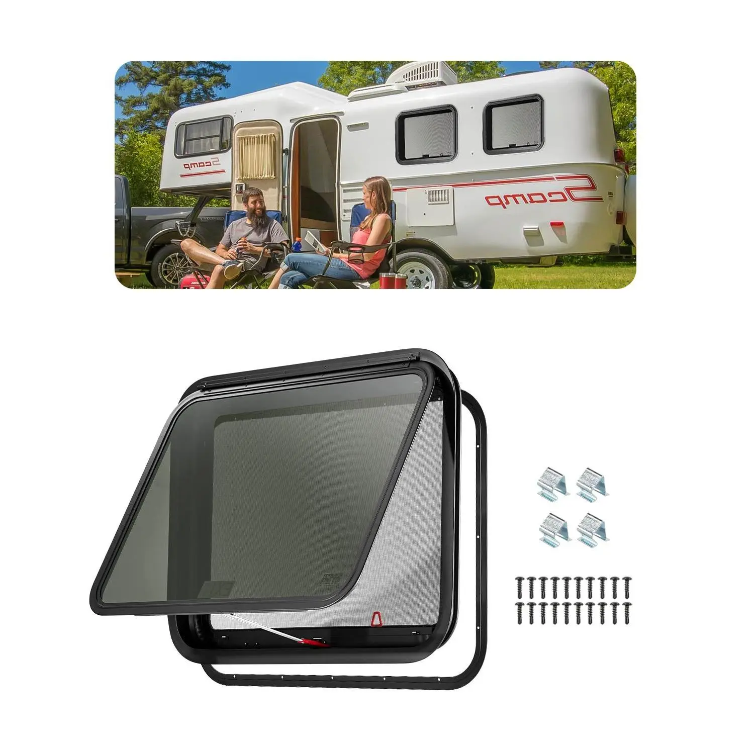 【summerfinds】VEVOR RV Exit Window, 30" W x 22" H Tinted RV Window with Net Screen and Trim Ring, Fit for 1 1/4" - 1 13/16" Thickness Wall, RV Window Replacement for Teardrop Cargo Trailer Camper, DOT Approved