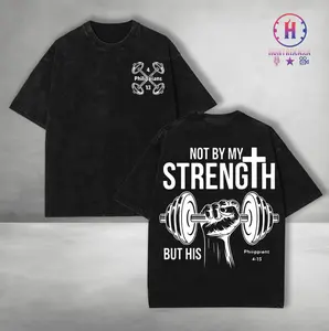 Philippians 4:13 Not By My Strength But His Christian Gym Workout Vintage Washed Tee Unisex Oversize Heavyweight Cotton Graphic Crewneck Soft Tops Natural Shade T-shirt