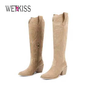 Wetkiss Knee High Cowboy Cowgirl Boots for Women, with Unique Embroidery, Side Zipper and Chunky Heel Design, Women's Shoes,Women's Boots Beige Casual #TikTokShopSpringGlowUp #greenish