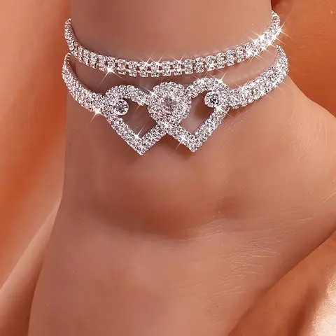 Elegant Rhinestone Heart Dainty Layered Anklet Set, Sparkling Water Diamond Design, Perfect for Women's Evening Parties & Casual Wear, Fashion Jewelry Accessory, Wearable Jewelry, Trendy Jewelry, Jewellery