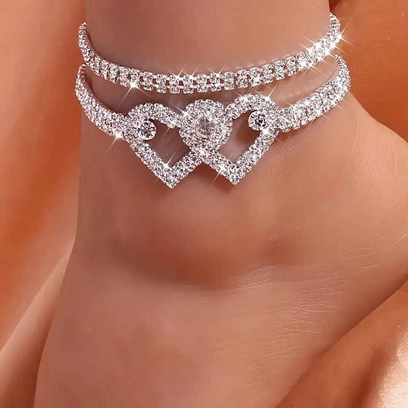 Elegant Rhinestone Heart Dainty Layered Anklet Set, Sparkling Water Diamond Design, Perfect for Women's Evening Parties & Casual Wear, Fashion Jewelry Accessory, Wearable Jewelry, Trendy Jewelry, Jewellery