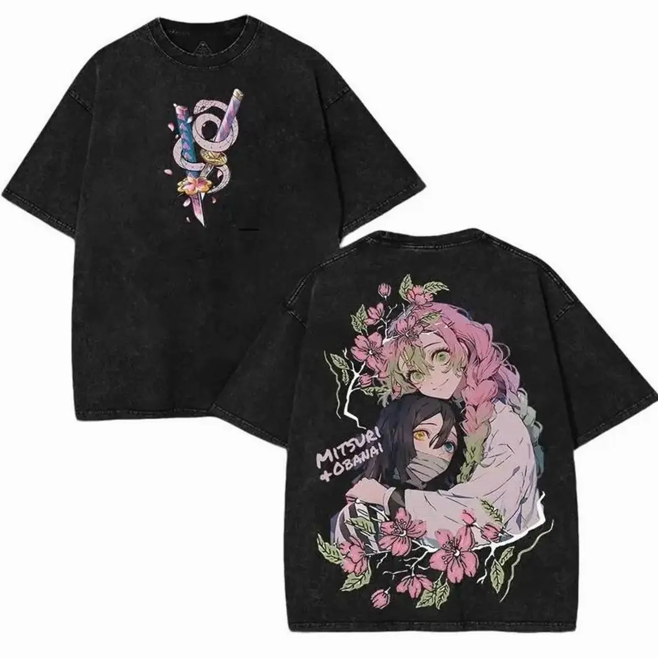 Men's 100% Sustainable US Cotton Short-Sleeve Classic Oversized T-Shirt - Obanai x Mitsuri Love Hashira Demon Slayer Kimetsu No Yaiba Double Print, Distressed Vintage Washed, Round Neck, Soft Casual Apparel, Valentine Anime Gift