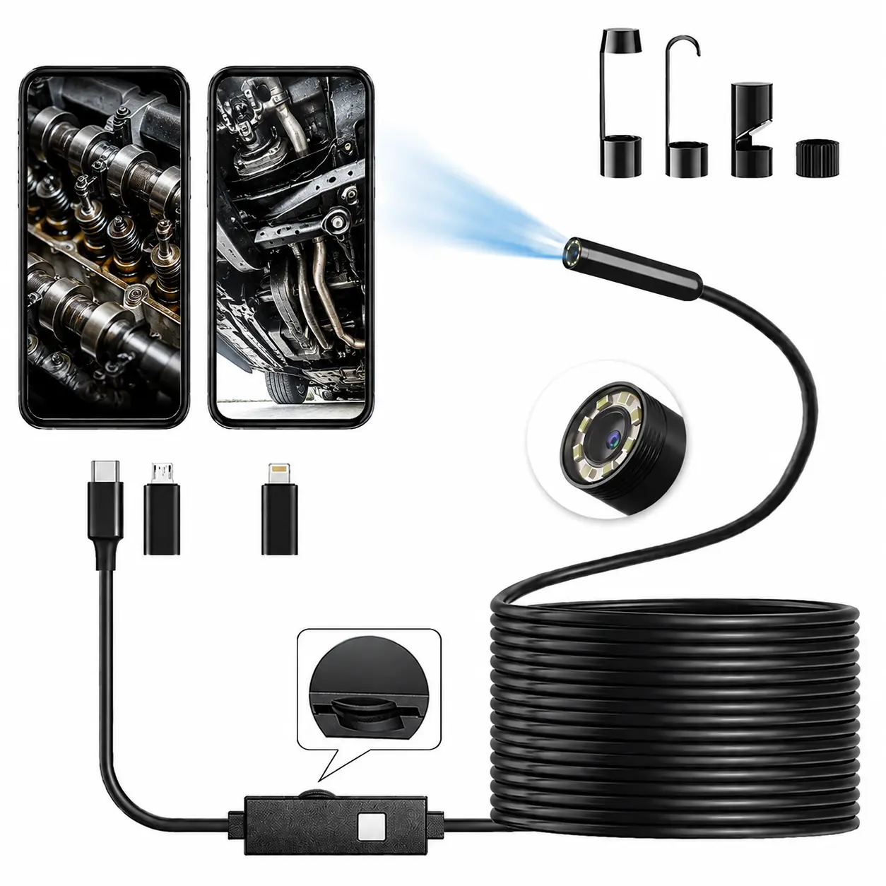 1920P HD Inspection Snake Camera with 8 Adjustable Lights, Car Repair Diagnostic Tool, Semi-Rigid Borescope with Light for iOS/Android App, 16.4ft Cable