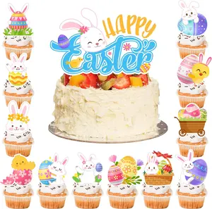 Happy Easter Cake Topper, 24pcs Bunny Cupcake Toppers, Easter Egg Cupcake Toppers & 1 Pcs Big Easter Cake Topper for Easter Party Decorations