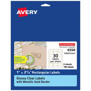 Avery Glossy Clear Labels with Metallic Gold Label Borders, 1" x 2-5/8" Rectangle Labels, 180 Total, Laser/Inkjet Printable Labels (6550)