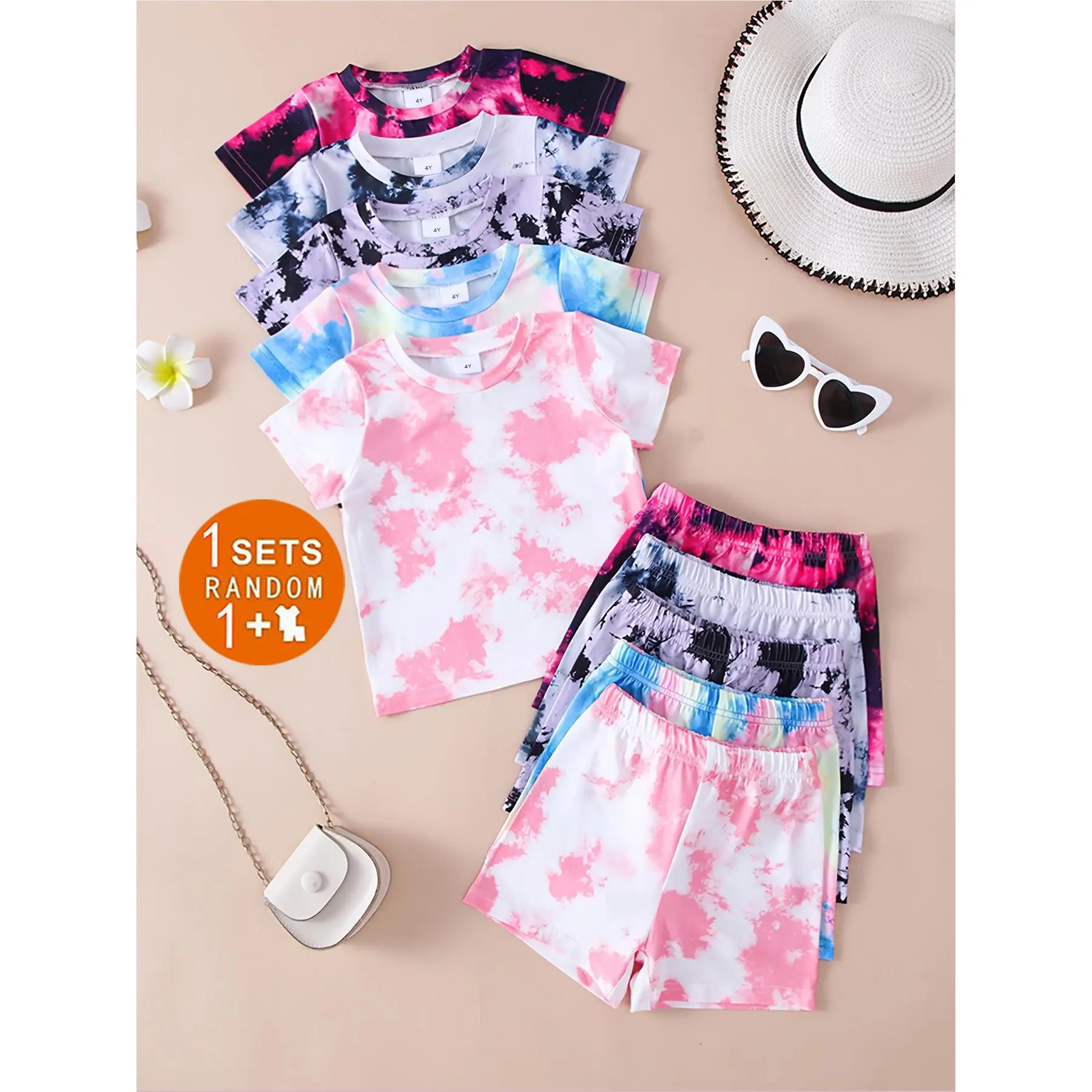 Girls' 10pcs Casual Tie-dye Knit Short-sleeved Tee & Shorts Set - Soft, Comfy Fashion Clothes Set, Randomly Shipped for Outdoor Use, Fashion Clothes Sets, Tee Set