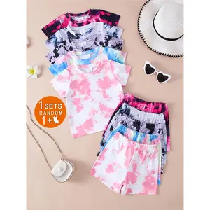 Random 1 set of Girls' 10pcs Casual Tie-dye Knit Short-sleeved T-shirt& Shorts Set, Soft, Comfy, Outdoors(randomly Shipped)., Perfect Outdoor