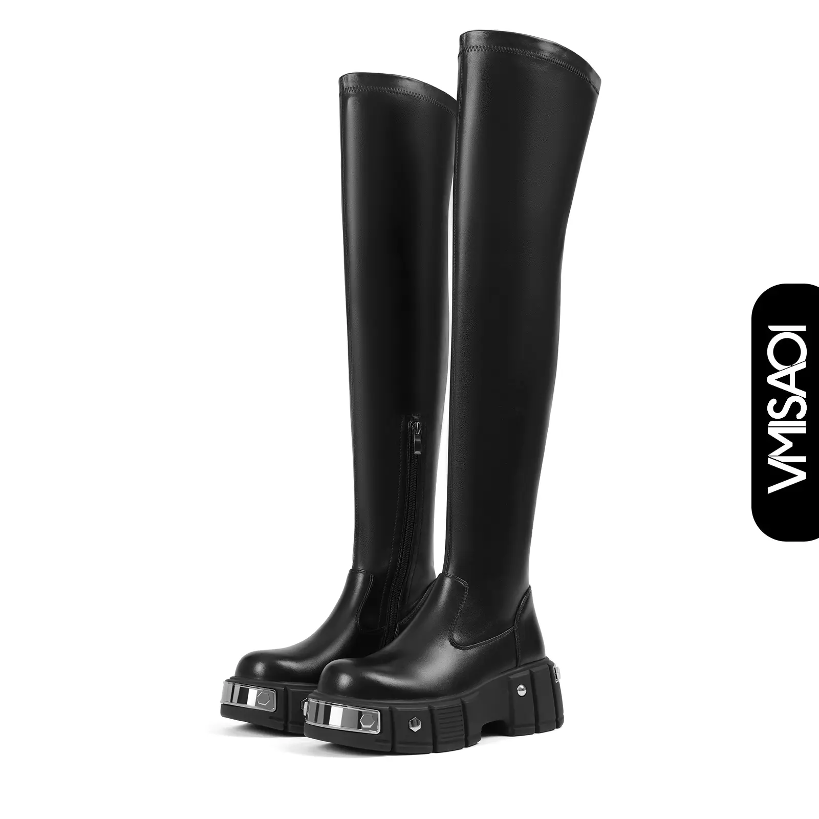 Womens Over The Knee Boots Chunky Platform Sole Round Toe Side Zipper Metal Studs Comfortable Punk Rave Rock Goth  Casual Outings Street Style Party Concert Festival Nightout Combat Booties
