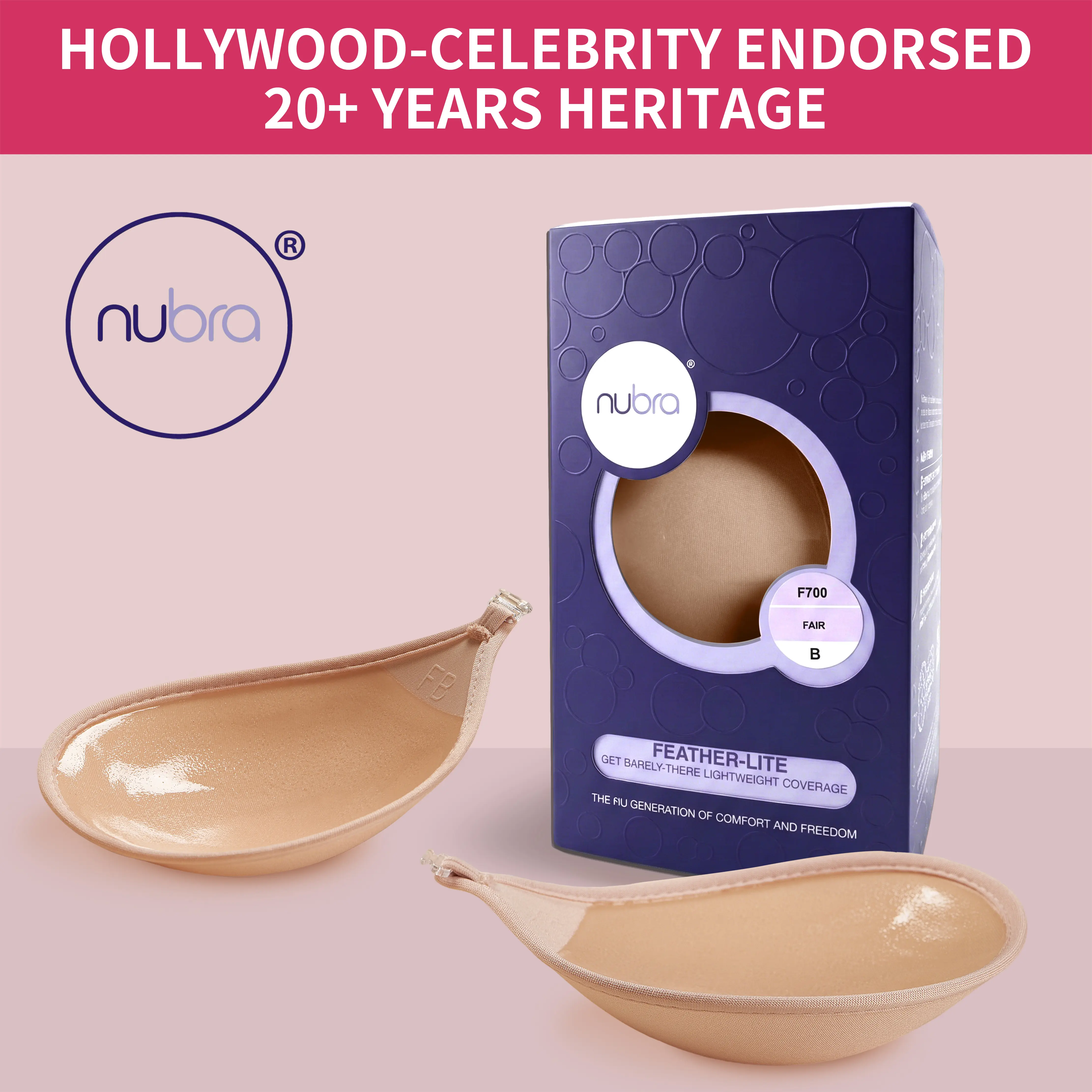 Original Nubra F700 Feather-Light Adhesive Bra, Barely-There Lightweight Coverage Reusable Strapless Bra, Fair Nude Shade B Cup, 20+ Years Trusted Brand Preferred by Hollywood Celebrities