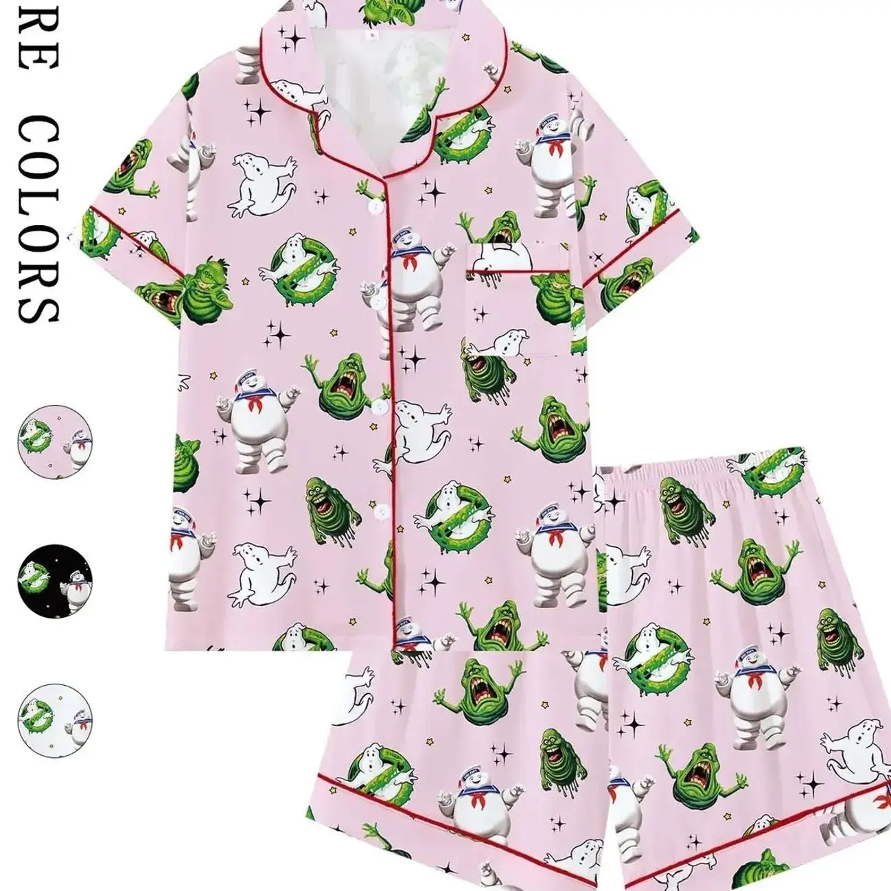 [Halloween]80s Nostalgia Retro Monster Print Pajama Set for Women | Cute Pink Paranormal Graphic Button Up Sleepwear | Soft 2-Piece Short Sleeve Summer Lounge Set | Fun Sleepover PJs | Cozy Quirky Home Outfit Loungewear Pyjamas