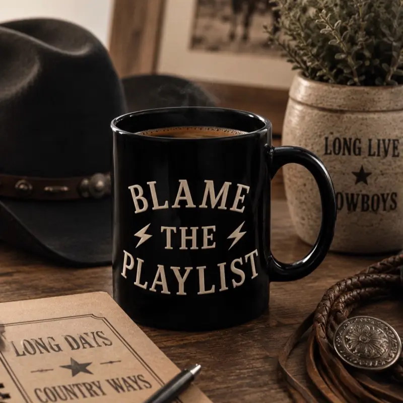 "Blame the Playlist" 11oz Ceramic Vintage Music Theme Text Print Coffee Mug - Glossy, Washable Kitchen Drinkware for Music Lovers, Office Gifting