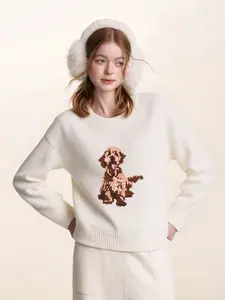 Women's Animal Cartoon Dog Pattern Sweater, Casual Loose Fit Round Neck Knit Top, Spring & Fall Fashion Outerwear