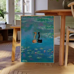 Black and Orange Cat Print Monet Waterlily Funny Wall Art Poster for Home Valentines Day Decor,Decorative paintings are wall decorations used in living rooms, bedrooms, and hallways.