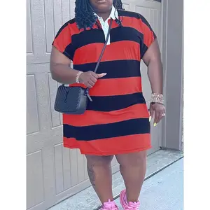 Plus Size Striped Print Short Sleeve Dress - Fashion Turnover Collar