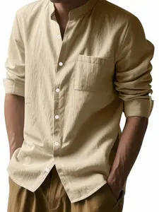 Men's Lightweight Linen Shirt, Classic Casual Long Sleeve Button Front Henley Collar, Outdoor Daily Wear Essential, Must-Have Men's Wardrobe Item