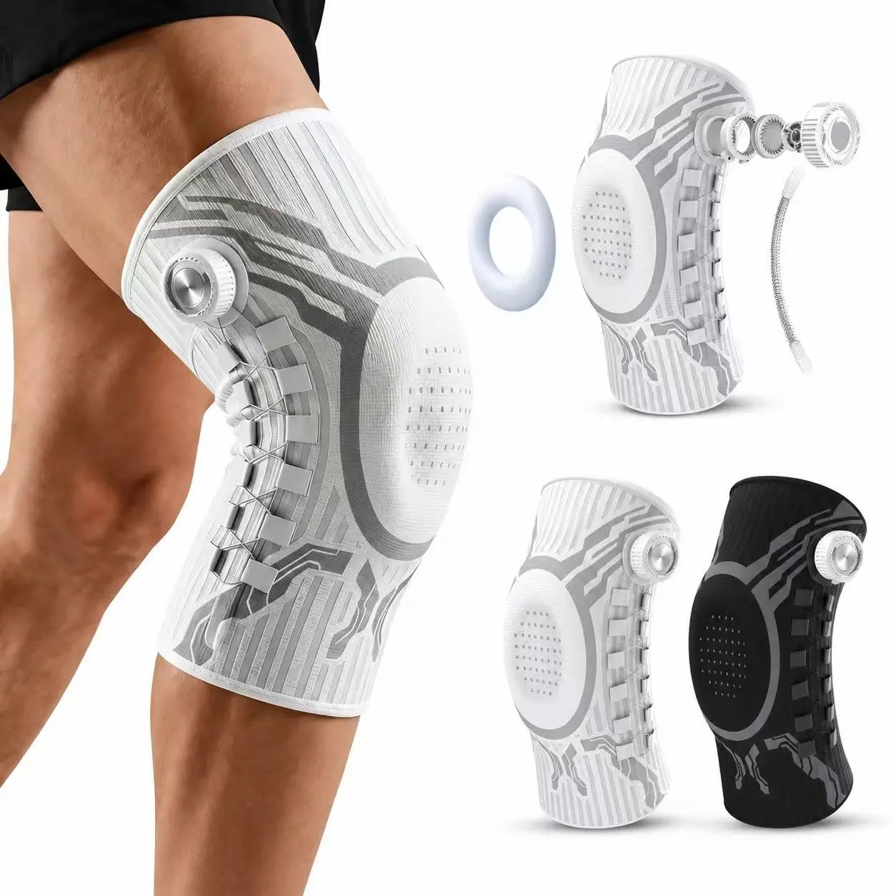 Rotatable Dial Adjustable Knee Brace, Knitted Compression Knee Support with Spring Stabilizers & Silicone Shock Absorption for Running, Basketball, Hiking