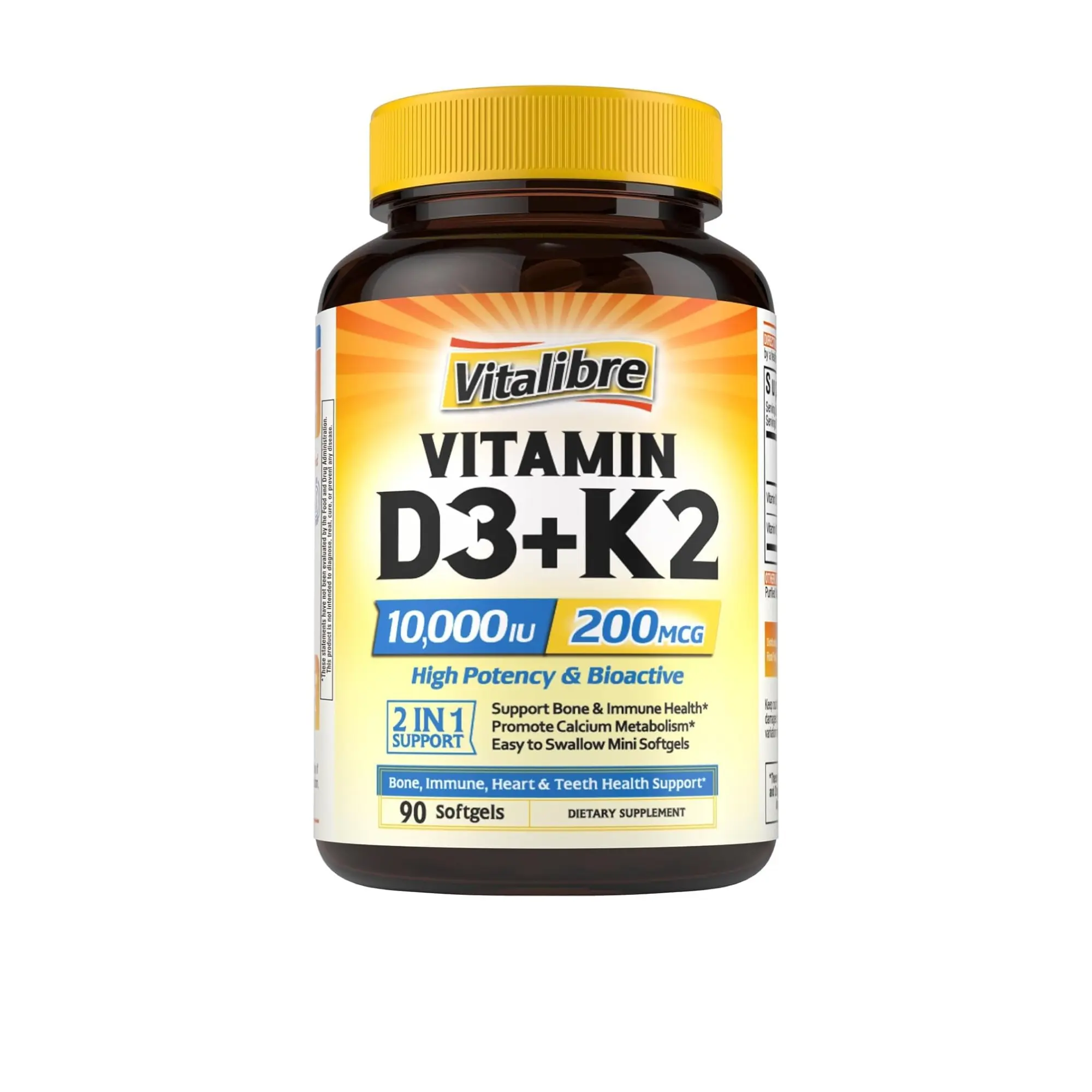 Vitalibre Vitamin D3 K2 Supplement, 10000 IU D3 / 200 mcg K2 MK7, Calcium Absorption, Bone, Heart, Immune & Mood Support, Enhanced Absorption, No Soy, Easy to Swallow, 90 Softgels