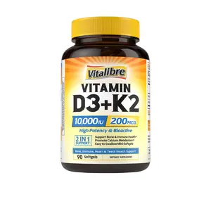 Vitalibre Vitamin D3 K2 Supplement, 10000 IU D3 / 200 mcg K2 MK7, Calcium Absorption, Bone, Heart, Immune & Mood Support, Enhanced Absorption, No Soy, Easy to Swallow, 90 Softgels
