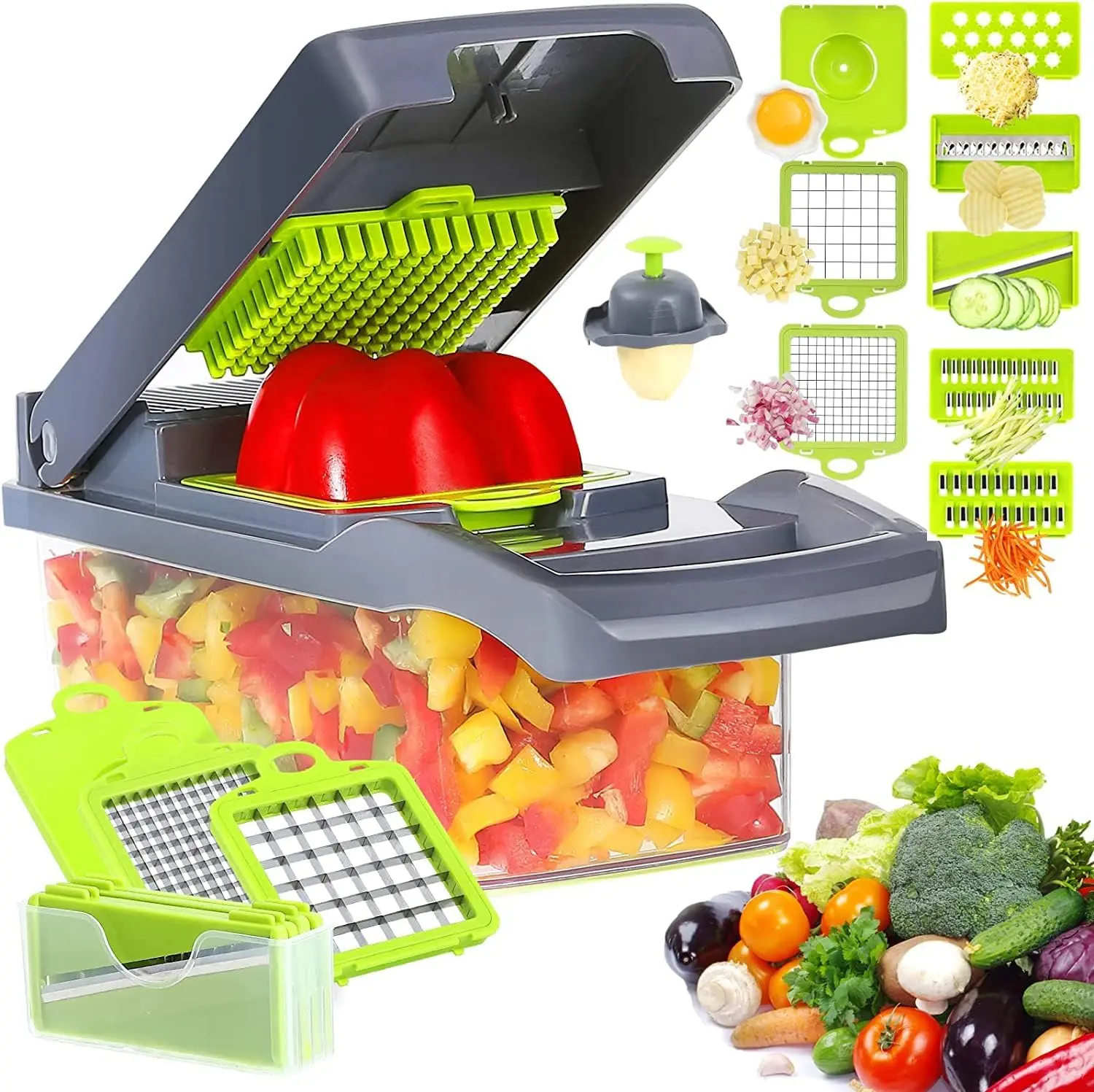 12-in-1 Multifunctional Veggie Chopper, 7 Blade Onion Chopper, Vegetable Cutter, Slicer, Grater, Mandolin Slicer with Container, Time-saving Kitchen Gadgets (Gray)