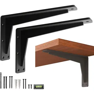 2 Pack Heavy Duty Shelf Brackets 12 Inch - 14 - Mantel Decorative L Bracket for Shelves, Metal Shelf Support Bracket, Wall Mounted Granite Countertop Iron Corbels, Floating Black Shelving Brackets