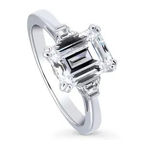 BERRICLE Sterling Silver 3-Stone Wedding Engagement Rings for Women, 2.6 Carat Emerald Cut Cubic Zirconia CZ Ring